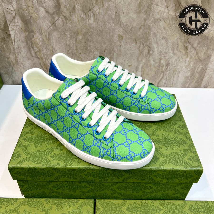 Đôi giày thể thao nam Gucci like auth với phối màu xanh lá và xanh dương in họa tiết chủ đạo