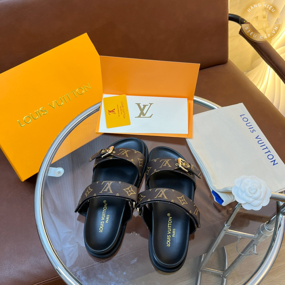 Dép Louis Vuitton Siêu Cấp Sandal màu đen hoạ tiết nâu Hàng Hiệu LV 0022 2024