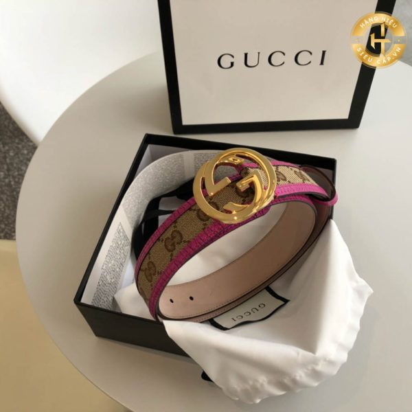 Belt Gucci nữ mặt vàng dây vàng kẻ hồng họa tiết Hàng Hiệu BT02 2024