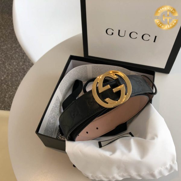 Nịt Gucci nữ mặt vàng dây đen Logo chìm Hàng Hiệu Siêu Cấp G101 2024
