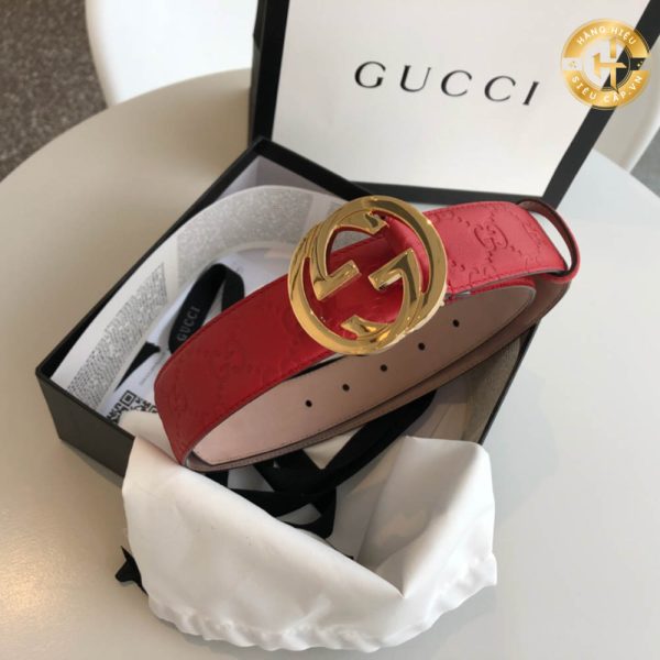 Nịt Gucci nữ mặt vàng dây đỏ Logo chìm Hàng Hiệu Rep 1:1 G102 2024