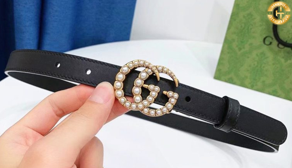 Thắt lưng Gucci nữ Leather Belt with Pearl Double G Buckle