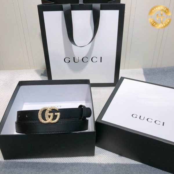 Thắt lưng Gucci nữ Like Authentic dây đen mặt vàng đính đá G0009 2024