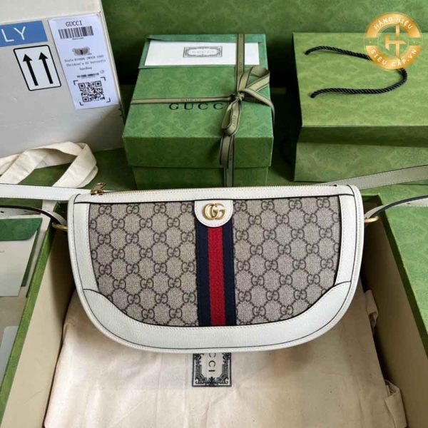 Túi Gucci đeo chéo Rep 1:1 trắng kẻ sọc Logo vàng GC031 2024