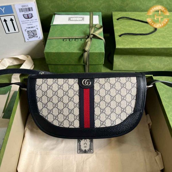 Túi Gucci đeo chéo Rep 1:1 đen họa tiết kẻ sọc Logo vàng GC032 2024