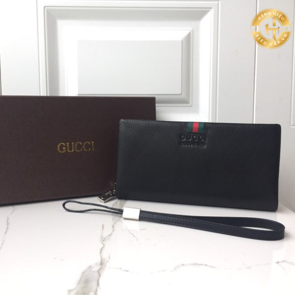 Ví nam Gucci dài màu đen da sần màu đen họa tiết GGC 703 2024